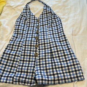 Urban Outfitters Blue & White Gingham Button Front Halter Romper S